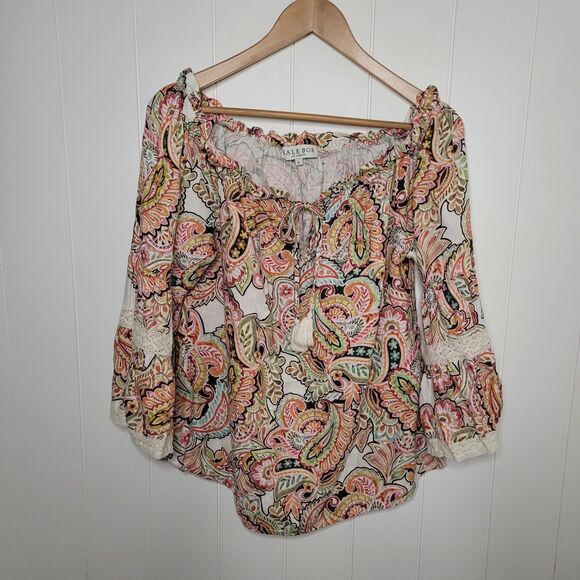 Hale Bob Linen Top Small Paisley Floral Lace Tasseled Tie Neck Boho - Picture 10 of 10